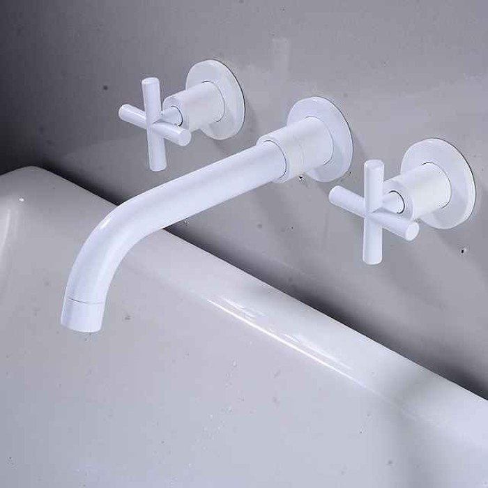 Wall Mounted Bathroom Sink Mixer Faucet, Widespread Washroom Basin Taps Wall Mount Brass 2 Handles 3 Holes Wash Baxin Tap with Cold Hot Water Hose Retro Antique Vintage