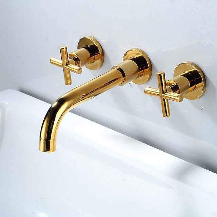 Wall Mounted Bathroom Sink Mixer Faucet, Widespread Washroom Basin Taps Wall Mount Brass 2 Handles 3 Holes Wash Baxin Tap with Cold Hot Water Hose Retro Antique Vintage