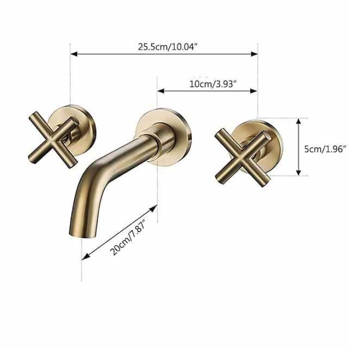 Wall Mounted Bathroom Sink Mixer Faucet, Widespread Washroom Basin Taps Wall Mount Brass 2 Handles 3 Holes Wash Baxin Tap with Cold Hot Water Hose Retro Antique Vintage