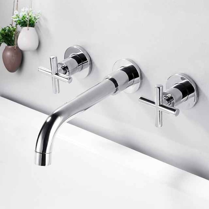 Wall Mounted Bathroom Sink Mixer Faucet, Widespread Washroom Basin Taps Wall Mount Brass 2 Handles 3 Holes Wash Baxin Tap with Cold Hot Water Hose Retro Antique Vintage