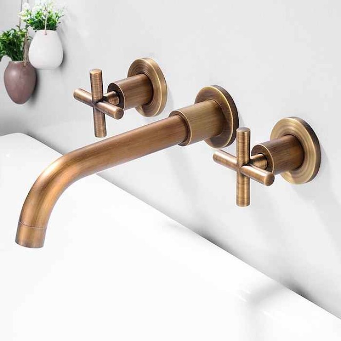 Wall Mounted Bathroom Sink Mixer Faucet, Widespread Washroom Basin Taps Wall Mount Brass 2 Handles 3 Holes Wash Baxin Tap with Cold Hot Water Hose Retro Antique Vintage