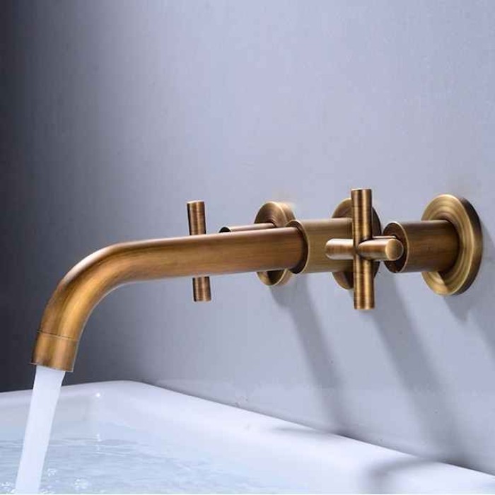 Wall Mounted Bathroom Sink Mixer Faucet, Widespread Washroom Basin Taps Wall Mount Brass 2 Handles 3 Holes Wash Baxin Tap with Cold Hot Water Hose Retro Antique Vintage