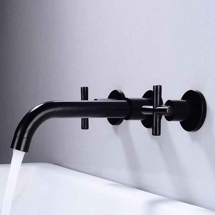 Wall Mounted Bathroom Sink Mixer Faucet, Widespread Washroom Basin Taps Wall Mount Brass 2 Handles 3 Holes Wash Baxin Tap with Cold Hot Water Hose Retro Antique Vintage