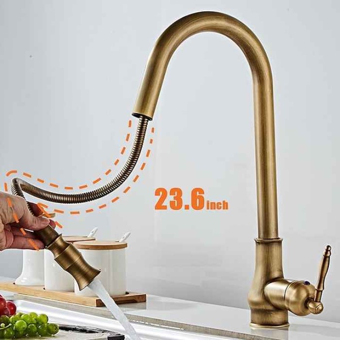 Pull Out Kitchen Faucet Sink Mixer with Sprayer, Antique 360° Swivel Single Handle One Hole Pull Down Kitchen Vessel Tap Deck Mounted, with Hot and Cold Water Hose