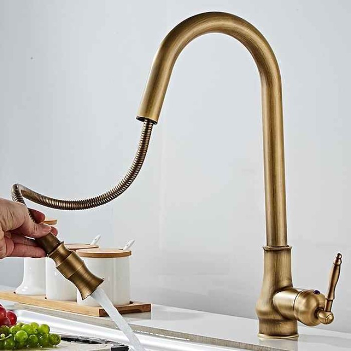 Pull Out Kitchen Faucet Sink Mixer with Sprayer, Antique 360° Swivel Single Handle One Hole Pull Down Kitchen Vessel Tap Deck Mounted, with Hot and Cold Water Hose