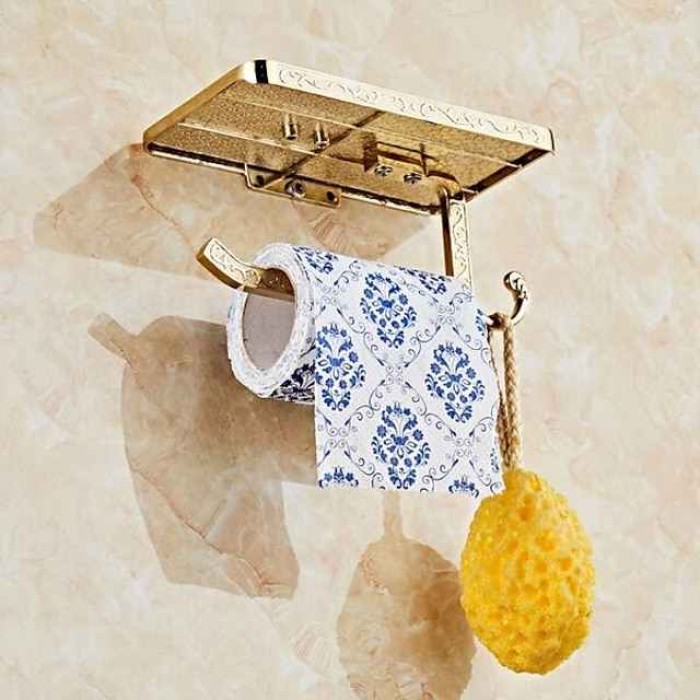 Toilet Paper Holder Polished Brass Premium Design Metal Bathroom Shelf with Hook 1pc Wall Mounted