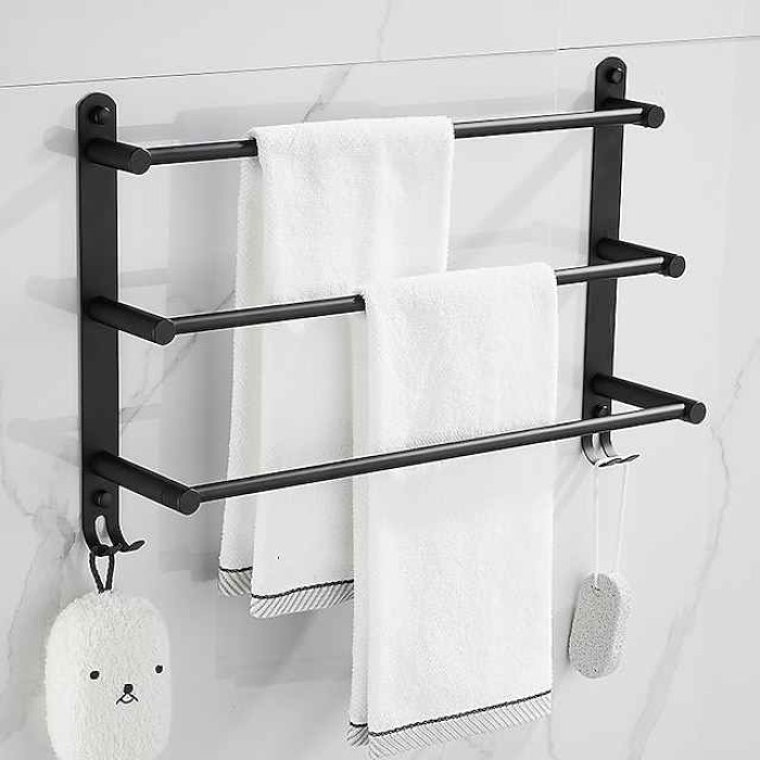 Wall Mounted Towel Rack with Hooks,Stainless Steel 3-TierTowel Holder Storage Shelf for Bathroom 40cm~70cm Towel Bar Towel Rail Towel Hanger(Matte Black)