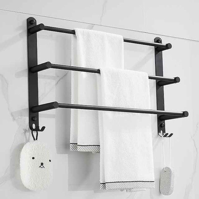 Wall Mounted Towel Rack with Hooks,Stainless Steel 3-TierTowel Holder Storage Shelf for Bathroom 40cm~70cm Towel Bar Towel Rail Towel Hanger(Matte Black)