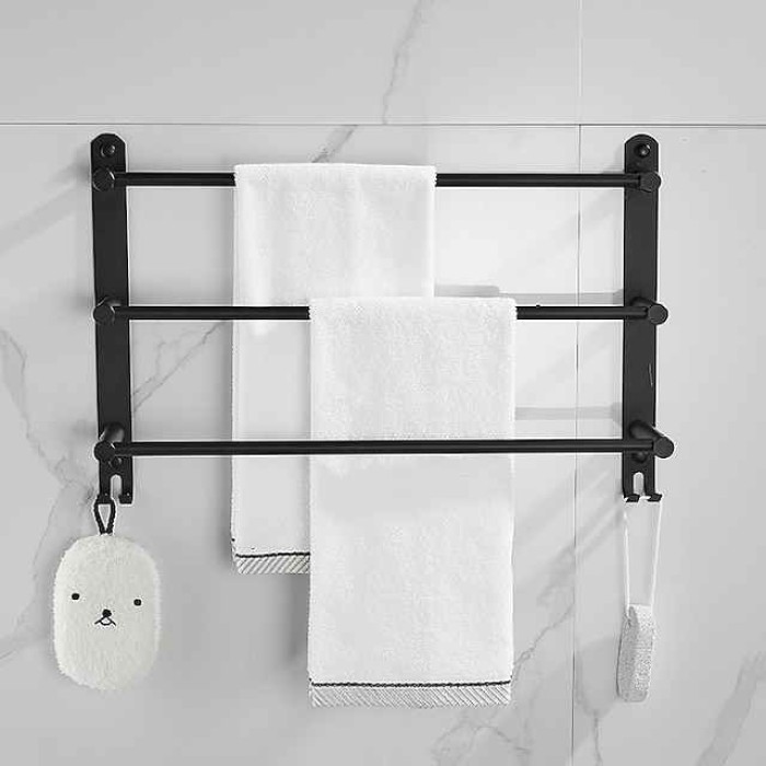 Wall Mounted Towel Rack with Hooks,Stainless Steel 3-TierTowel Holder Storage Shelf for Bathroom 40cm~70cm Towel Bar Towel Rail Towel Hanger(Matte Black)