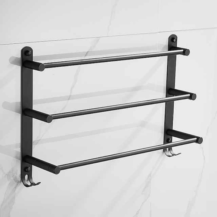 Wall Mounted Towel Rack with Hooks,Stainless Steel 3-TierTowel Holder Storage Shelf for Bathroom 40cm~70cm Towel Bar Towel Rail Towel Hanger(Matte Black)