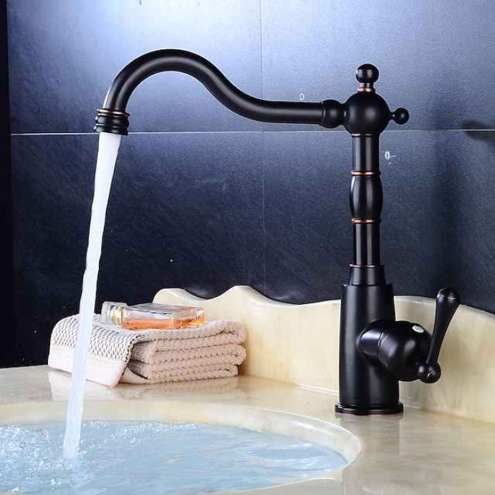 Kitchen Faucet,ORB Rotatable Retro Style Single Handle One Hole Standard Spout Centerset Contemporary Antique Kitchen Taps with Hot and Cold Switch