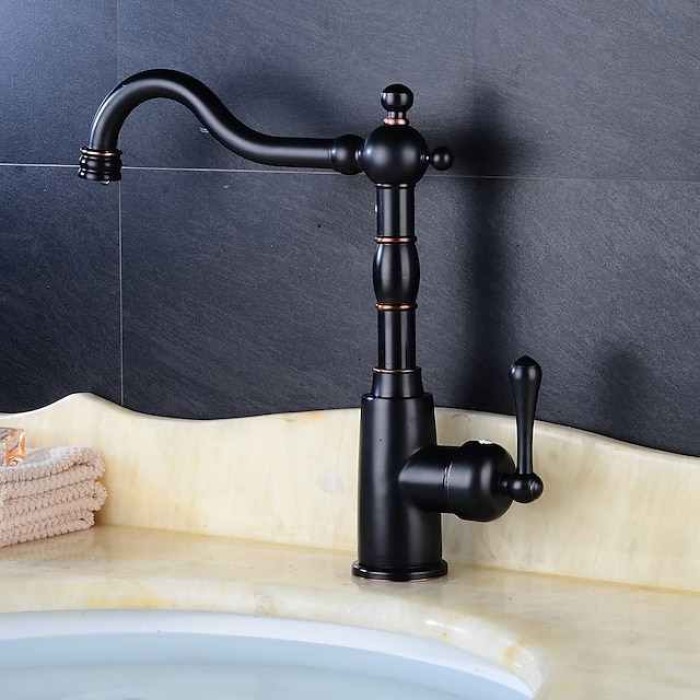 Kitchen Faucet,ORB Rotatable Retro Style Single Handle One Hole Standard Spout Centerset Contemporary Antique Kitchen Taps with Hot and Cold Switch