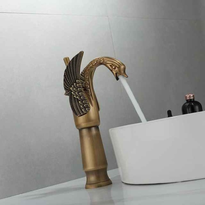 Antique Bathroom Sink Mixer Faucet, Washroom Basin Taps Brass Swan Shape Copper Electroplated Finish Vintage Style Single Handle One Hole Water Taps with Cold Hot Hose