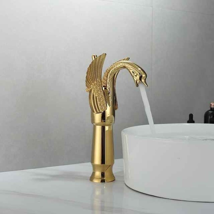 Antique Bathroom Sink Mixer Faucet, Washroom Basin Taps Brass Swan Shape Copper Electroplated Finish Vintage Style Single Handle One Hole Water Taps with Cold Hot Hose