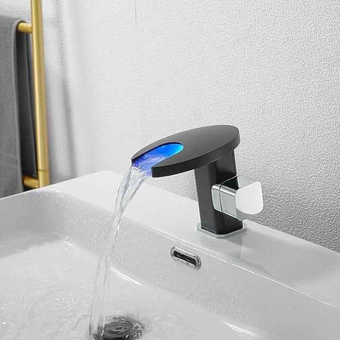 Bathroom Sink Faucet,LED Waterfall Temperature Controlled 3-Colors Electroplated Centerset Single Handle One Hole Bath Taps