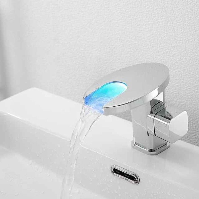 Bathroom Sink Faucet,LED Waterfall Temperature Controlled 3-Colors Electroplated Centerset Single Handle One Hole Bath Taps