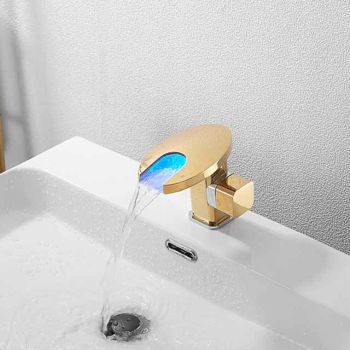 Bathroom Sink Faucet,LED Waterfall Temperature Controlled 3-Colors Electroplated Centerset Single Handle One Hole Bath Taps