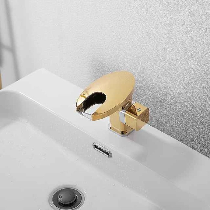 Bathroom Sink Faucet,LED Waterfall Temperature Controlled 3-Colors Electroplated Centerset Single Handle One Hole Bath Taps