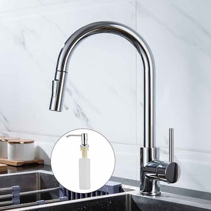 Kitchen Sink Mixer Faucet with Pull Out Sprayer, Stainless Steel Rotatable Vessel Tap, Rainfall/Waterfall Mode Spray Faucet, Black&Silver Kitchen Faucet Tap with Soap Dispenser