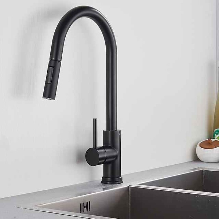 Kitchen Sink Mixer Faucet with Pull Out Sprayer, Stainless Steel Rotatable Vessel Tap, Rainfall/Waterfall Mode Spray Faucet, Black&Silver Kitchen Faucet Tap with Soap Dispenser