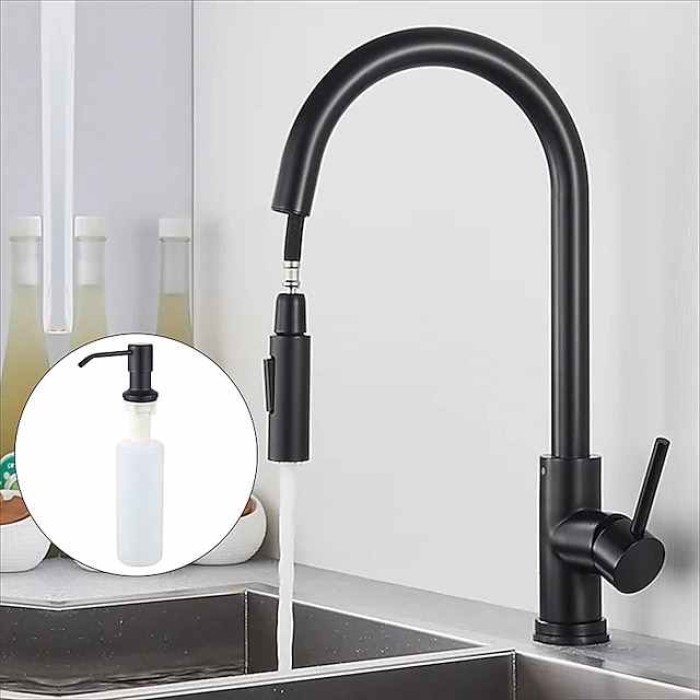 Kitchen Sink Mixer Faucet with Pull Out Sprayer, Stainless Steel Rotatable Vessel Tap, Rainfall/Waterfall Mode Spray Faucet, Black&Silver Kitchen Faucet Tap with Soap Dispenser