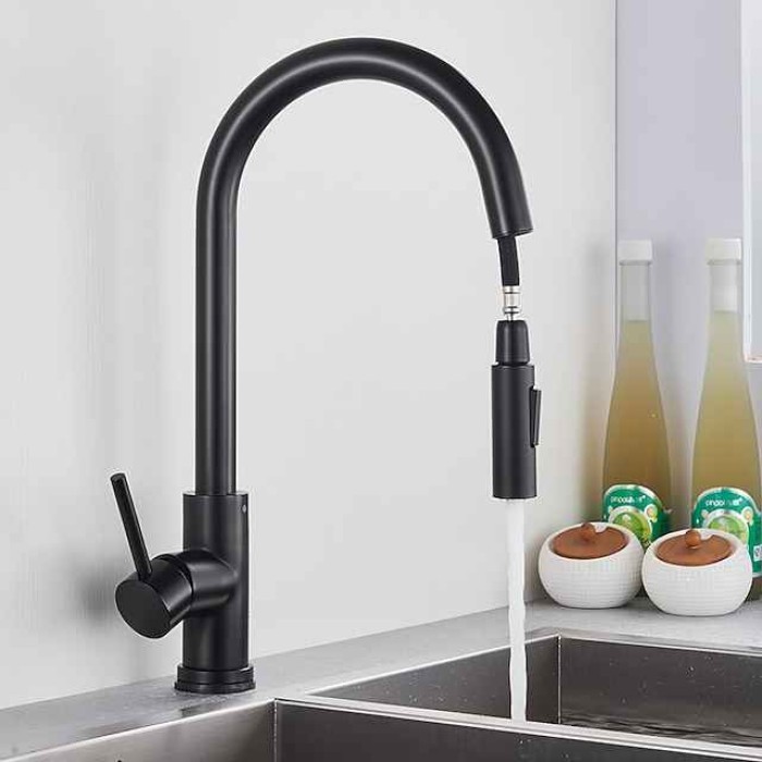 Kitchen Sink Mixer Faucet with Pull Out Sprayer, Stainless Steel Rotatable Vessel Tap, Rainfall/Waterfall Mode Spray Faucet, Black&Silver Kitchen Faucet Tap with Soap Dispenser