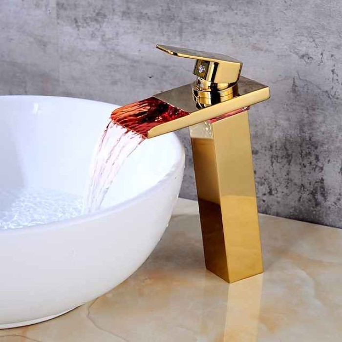 Single Handle Bathroom Faucet, Oil-rubbed Bronze One Hole LED/Waterfall/Centerset Bath Taps, Brass Bathroom Sink Faucet Contain with Cold and Hot Water