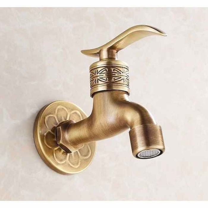 Outdoor Faucet,Wall Mount Antique Brass Faucet,Garden Outdoor Decorative Hose 1/2 inch Connection Spigot Carving Desigh with Cold Water Only