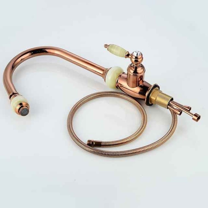 Pull Out Kitchen Sink Mixer Faucet with Sprayer, 360 swivel High Arc Pull Down Kitchen Taps, Vintage Single Handle One Hole Vessel Water Tap with Cold Hot Hose Golden Rose Gold