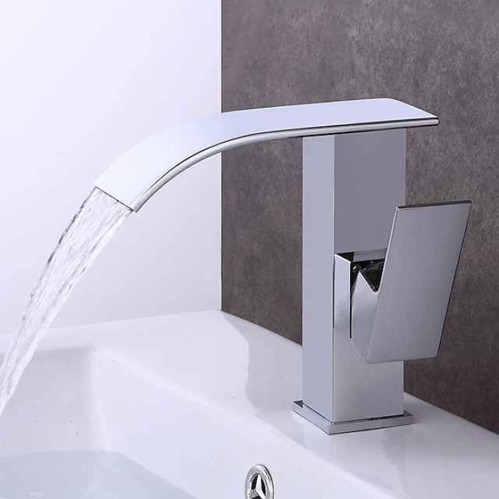 Modern Style Brass Waterfall Bathroom Sink Faucet,White Chrome Electroplated Single Handle One Hole Bath Taps with Hot and Cold Switch