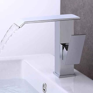 Modern Style Brass Waterfall Bathroom Sink Faucet,White Chrome Electroplated Single Handle One Hole Bath Taps with Hot and Cold Switch