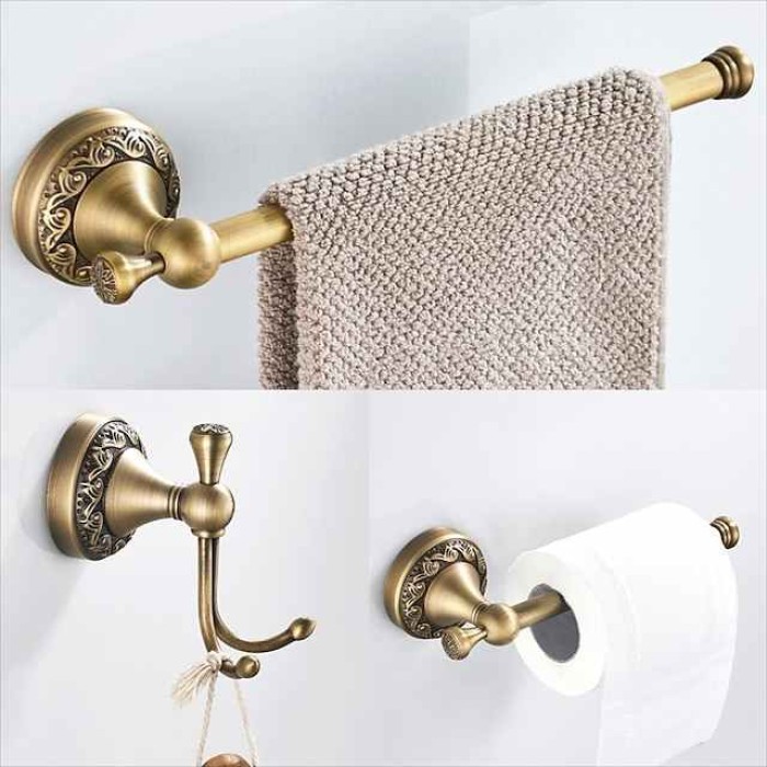 Bathroom Accessory Towel Ring/Toilet Paper Holder/Robe Hook Antique Brass Bathroom Single Rod Wall Mounted Carved Design