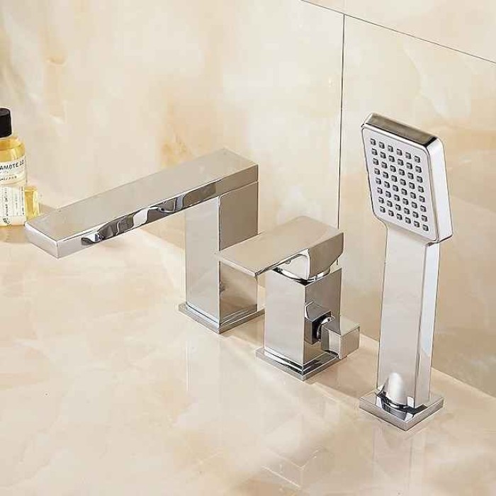 Bathtub Faucet - Contemporary Chrome Free Standing Ceramic Valve Bath Shower Mixer Taps / Three Handles Three Holes