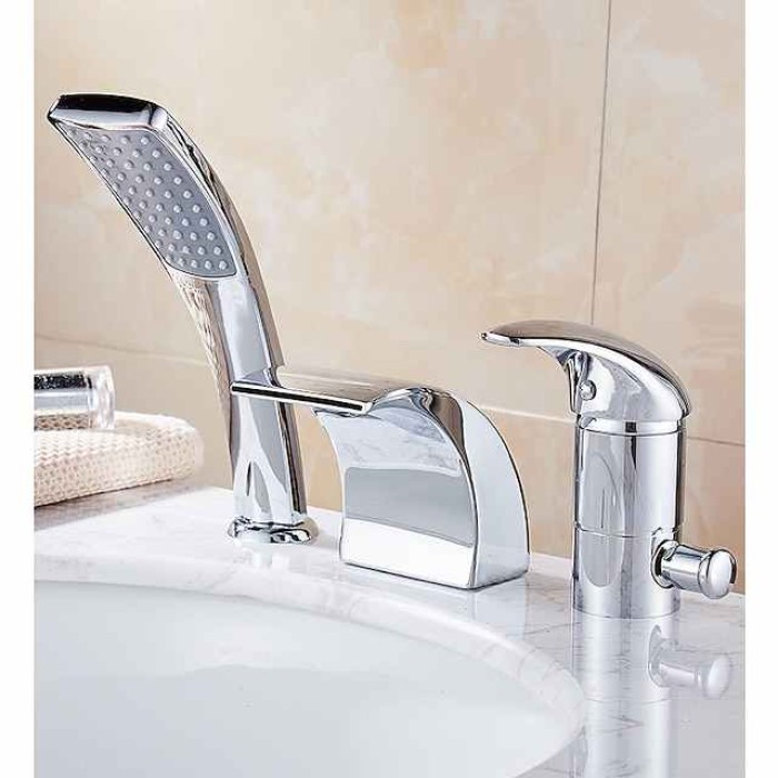 Bathtub Faucet - Contemporary Chrome Free Standing Ceramic Valve Bath Shower Mixer Taps / Two Handles Three Holes