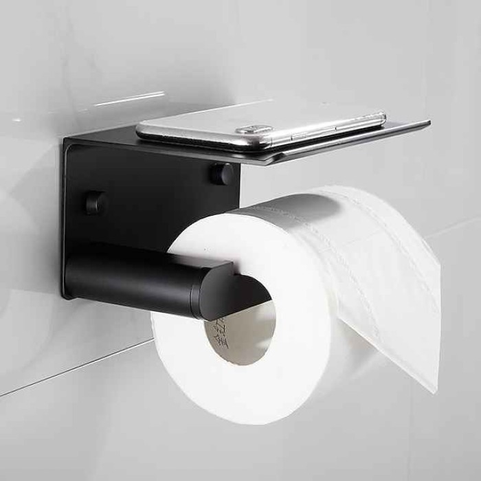 Toilet Paper Holder with Shelf Wall Mounted,Aluminum Toilet Paper Roll Holder, Tissue Roll with Mobile Phone Storage