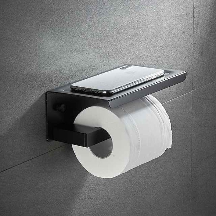 Toilet Paper Holder with Shelf Wall Mounted,Aluminum Toilet Paper Roll Holder, Tissue Roll with Mobile Phone Storage