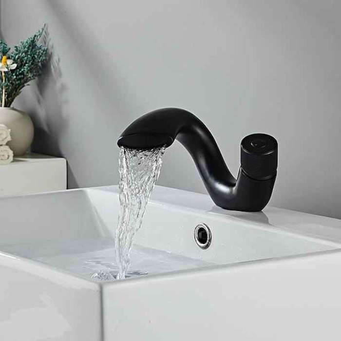 Waterfall Bathroom Sink Mixer Faucet, Mono Wash Basin Single Handle Basin Taps, Monobloc Vessel Water Brass Tap Deck Mounted with Hot and Cold Hose