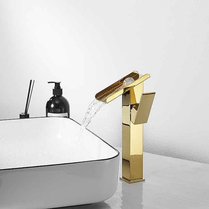 Waterfall Bathroom Sink Mixer Faucet Tall, Basin Taps Single Handle Deck Mounted with Cold and Hot Hose