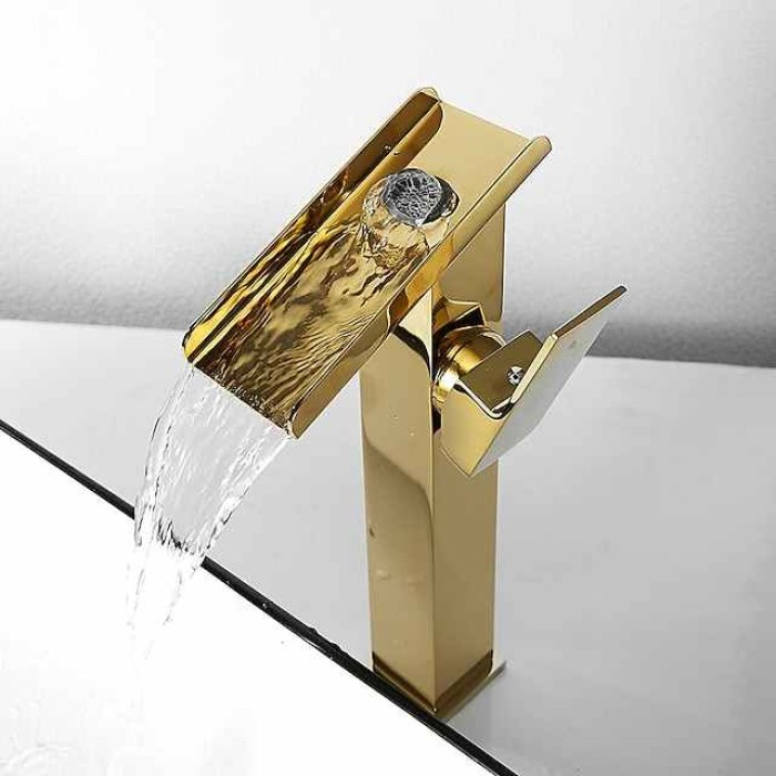 Waterfall Bathroom Sink Mixer Faucet Tall, Basin Taps Single Handle Deck Mounted with Cold and Hot Hose