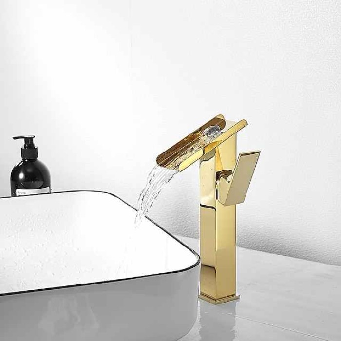 Waterfall Bathroom Sink Mixer Faucet Tall, Basin Taps Single Handle Deck Mounted with Cold and Hot Hose