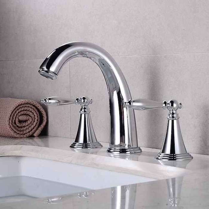 Bathroom Sink Faucet,Widespread Brass Two Handles Three Holes Bathroom Faucet with Valve and Hot/Cold Switch