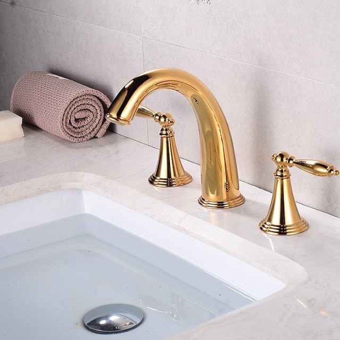 Bathroom Sink Faucet,Widespread Brass Two Handles Three Holes Bathroom Faucet with Valve and Hot/Cold Switch