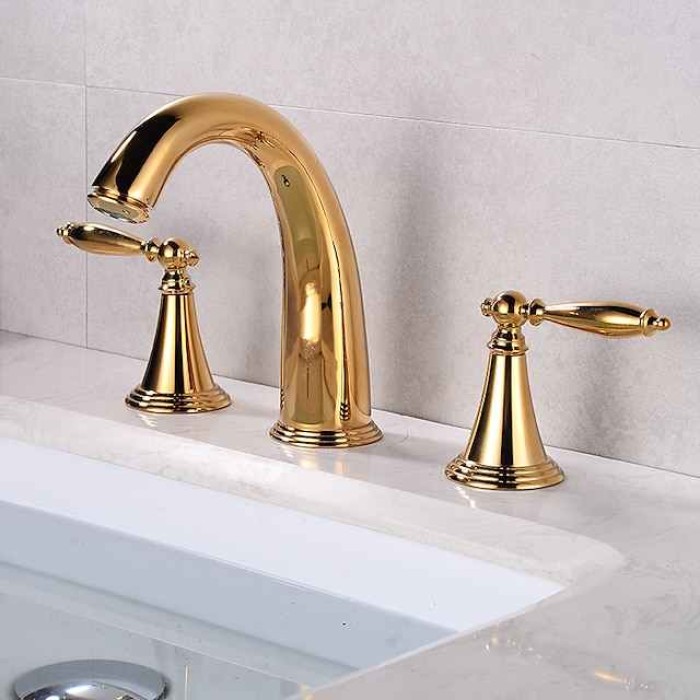 Bathroom Sink Faucet,Widespread Brass Two Handles Three Holes Bathroom Faucet with Valve and Hot/Cold Switch