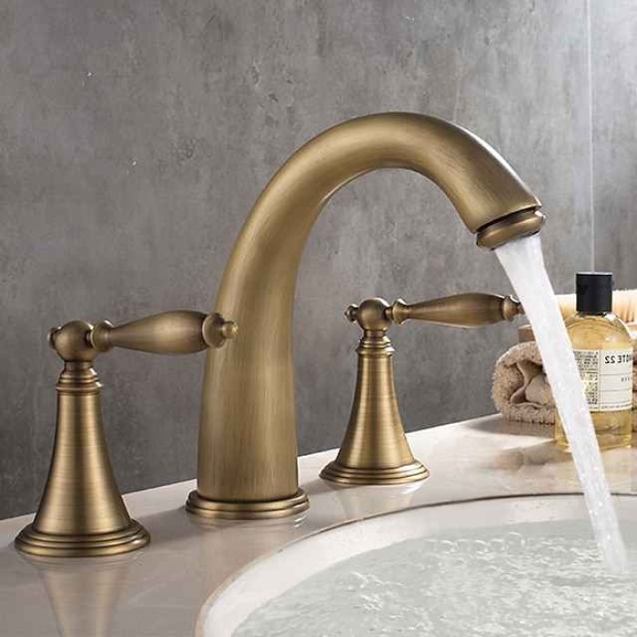 Bathroom Sink Faucet,Widespread Brass Two Handles Three Holes Bathroom Faucet with Valve and Hot/Cold Switch