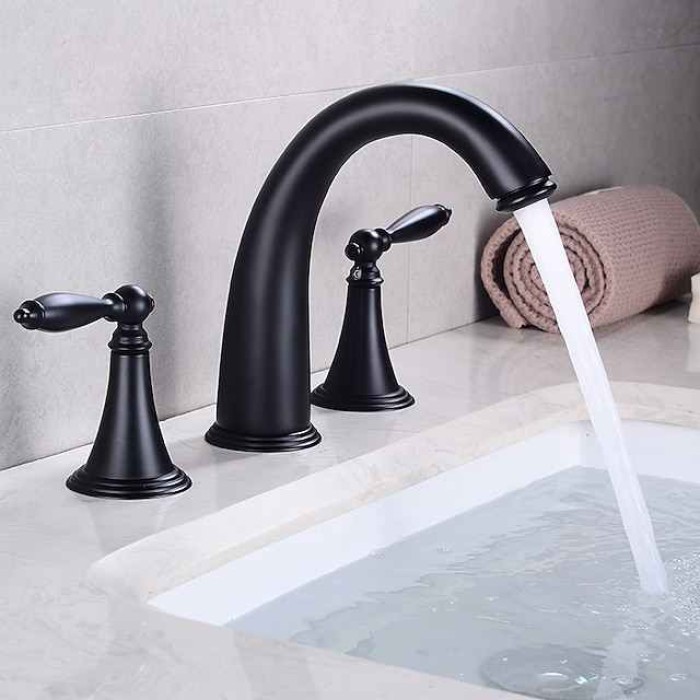 Bathroom Sink Faucet,Widespread Brass Two Handles Three Holes Bathroom Faucet with Valve and Hot/Cold Switch