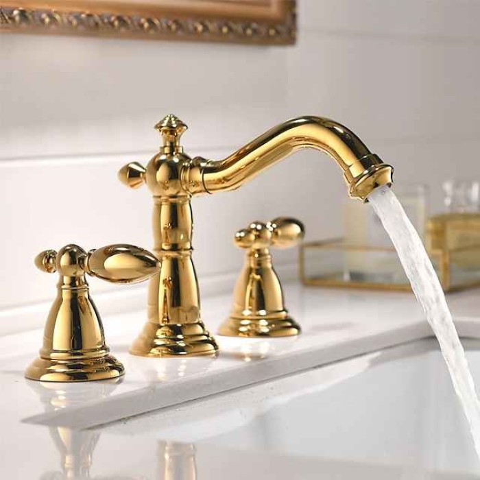 Vintage Widespread Bathroom Sink Mixer Faucet, 360 Swivel Retro Style Brass 3 Hole 2 Handle Basin Tap Deck Mounted, Washroom Basin Vessel Water Tap with Hot and Cold Hose