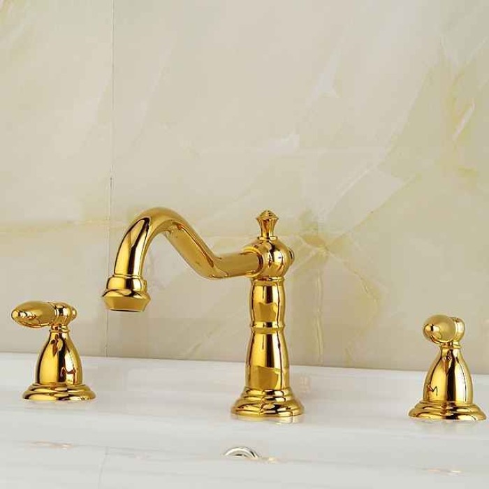 Vintage Widespread Bathroom Sink Mixer Faucet, 360 Swivel Retro Style Brass 3 Hole 2 Handle Basin Tap Deck Mounted, Washroom Basin Vessel Water Tap with Hot and Cold Hose