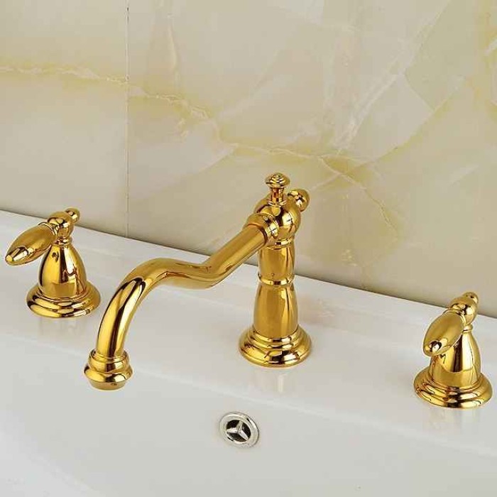 Vintage Widespread Bathroom Sink Mixer Faucet, 360 Swivel Retro Style Brass 3 Hole 2 Handle Basin Tap Deck Mounted, Washroom Basin Vessel Water Tap with Hot and Cold Hose