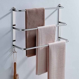 Bathroom Three-layer Shelf with Hooks Stainless Steel Multi-function Towel Rack Polished Silver and Brushed 1pc