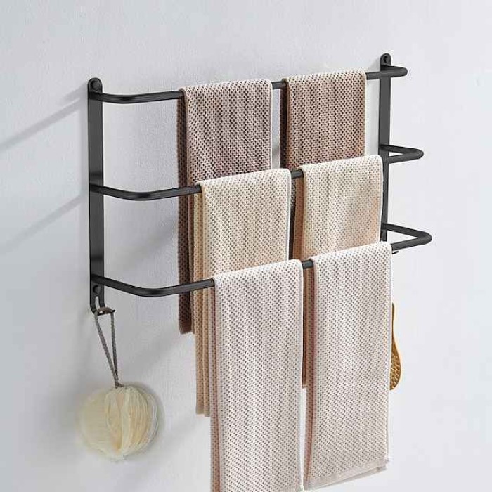 Bathroom Three-layer Shelf with Hooks Stainless Steel Multi-function Towel Rack Polished Silver and Brushed 1pc